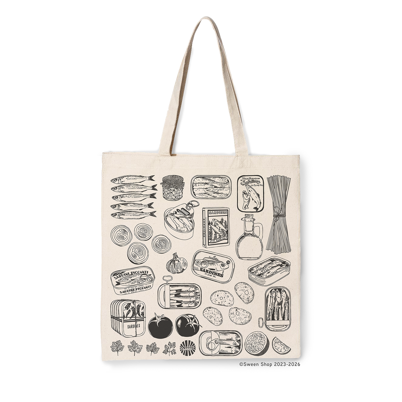 Natural cotton canvas Tote bag with black canned fish sardine illustrations on a white background