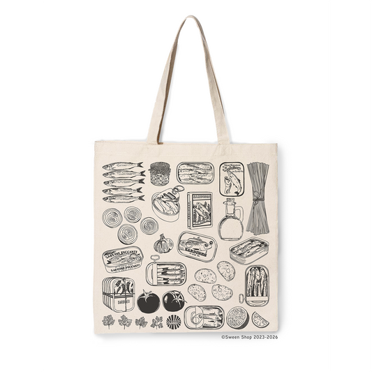 Natural cotton canvas Tote bag with black canned fish sardine illustrations on a white background