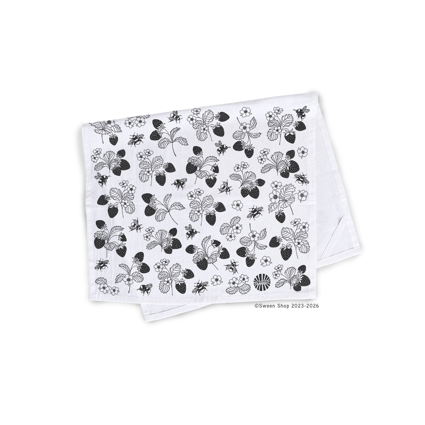 !00% Cotton Kitchen Tea Towel with black hand drawn floral strawberry and bumble bee patterns on a white background