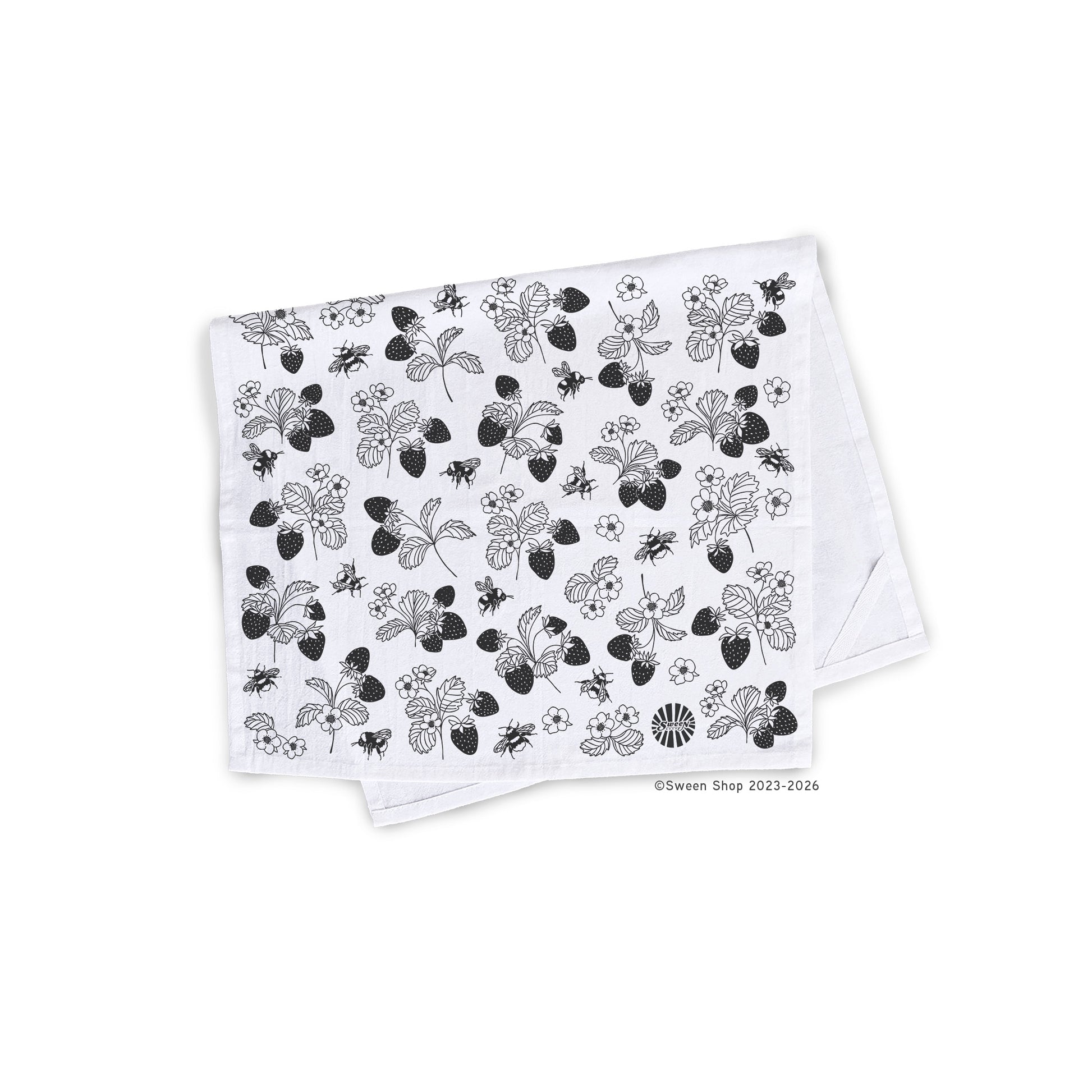 !00% Cotton Kitchen Tea Towel with black hand drawn floral strawberry and bumble bee patterns on a white background