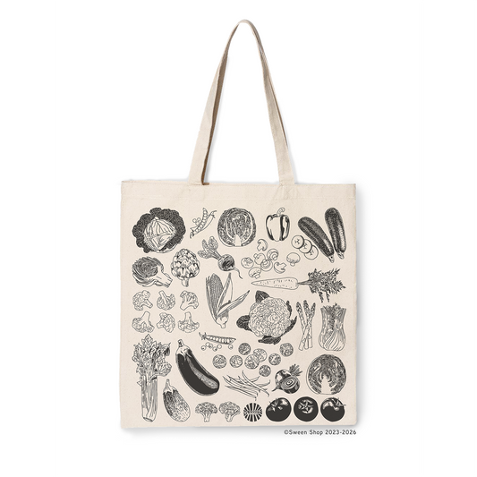 Natural cotton canvas tote bag with black hand drawn vegetable illustrations on a white background