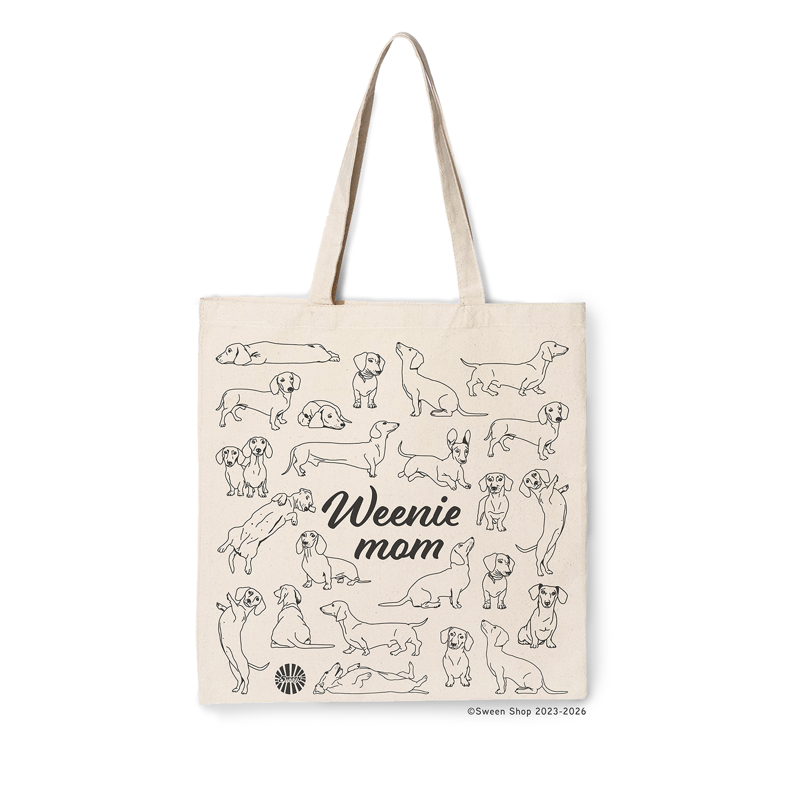 Natural cotton canvas Tote bag with 'Weenie mom' text and dog illustrations on a white background