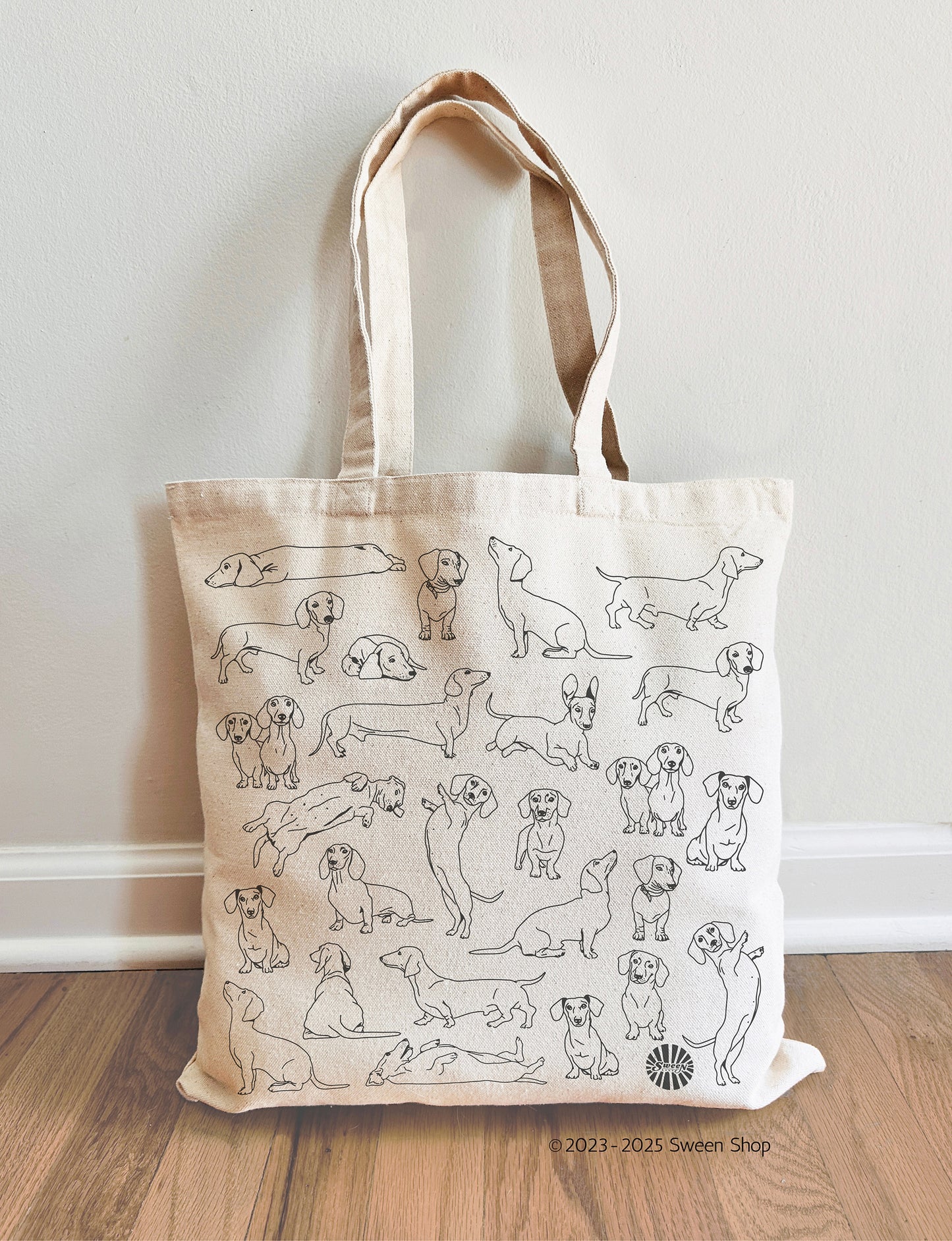 cotton canvas tote bag with pet dachshund dog illustations