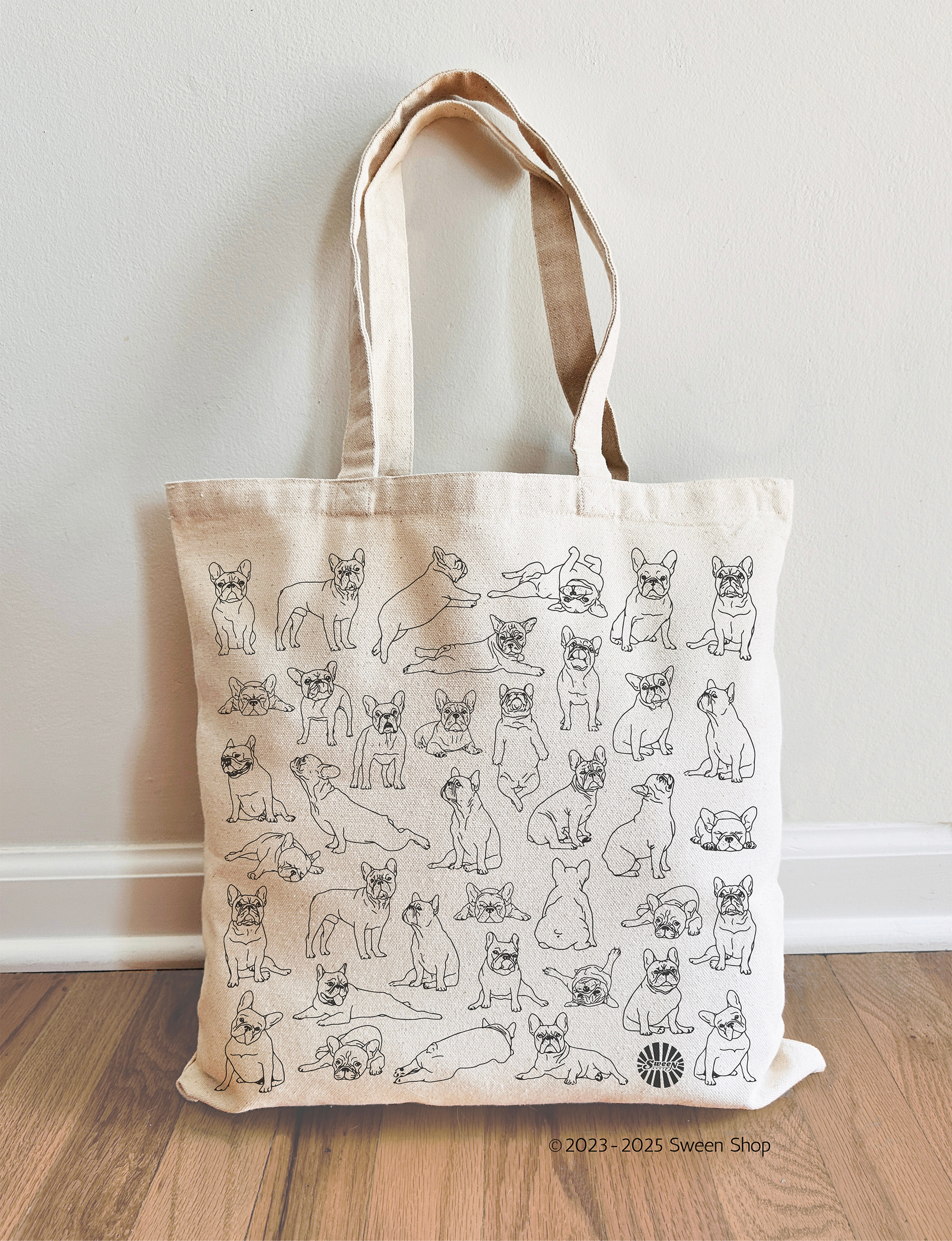 Tote bag with frenchie french bulldog pet dog illustrations on a plain background