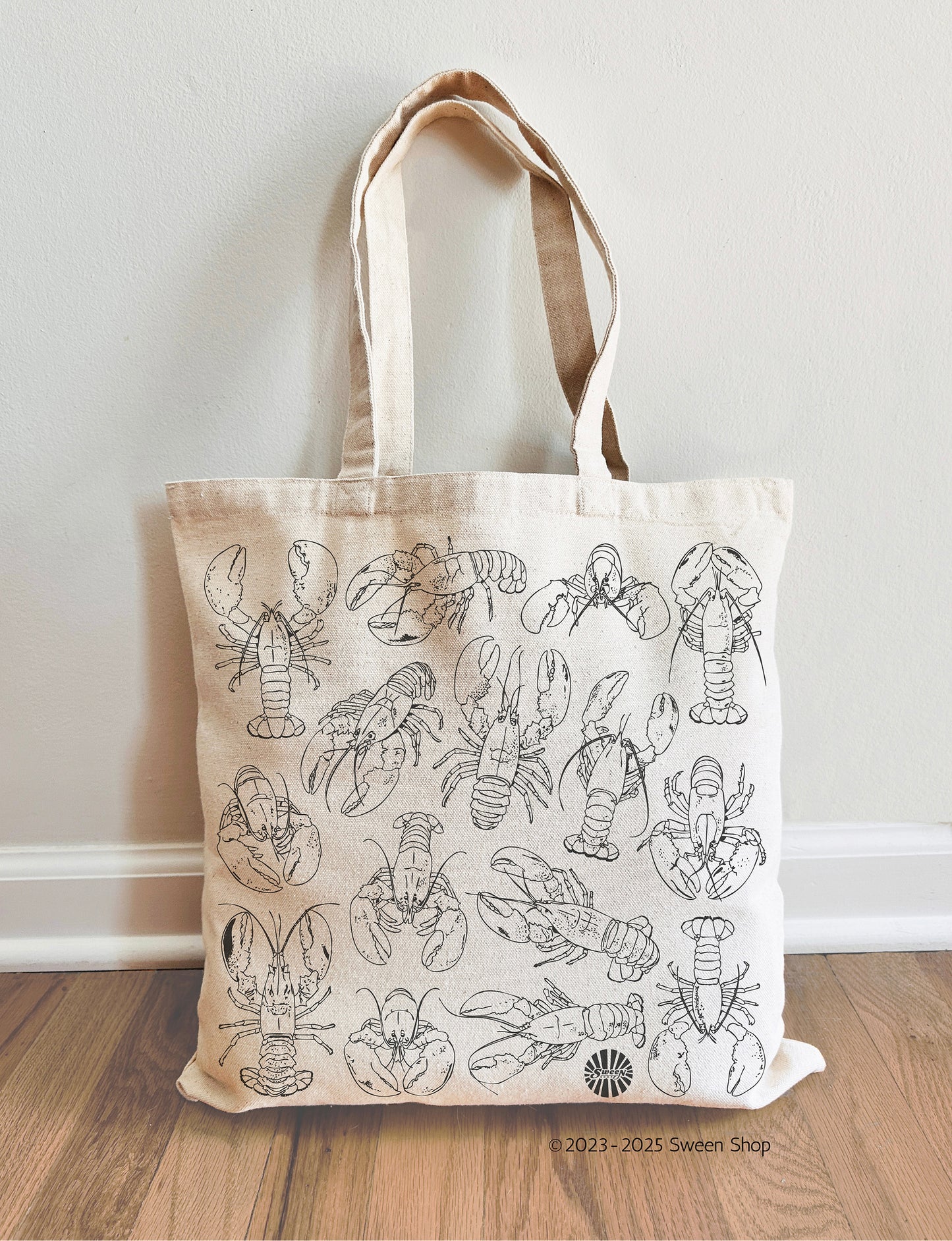 cotton canvas beach tote with lobster illustrations