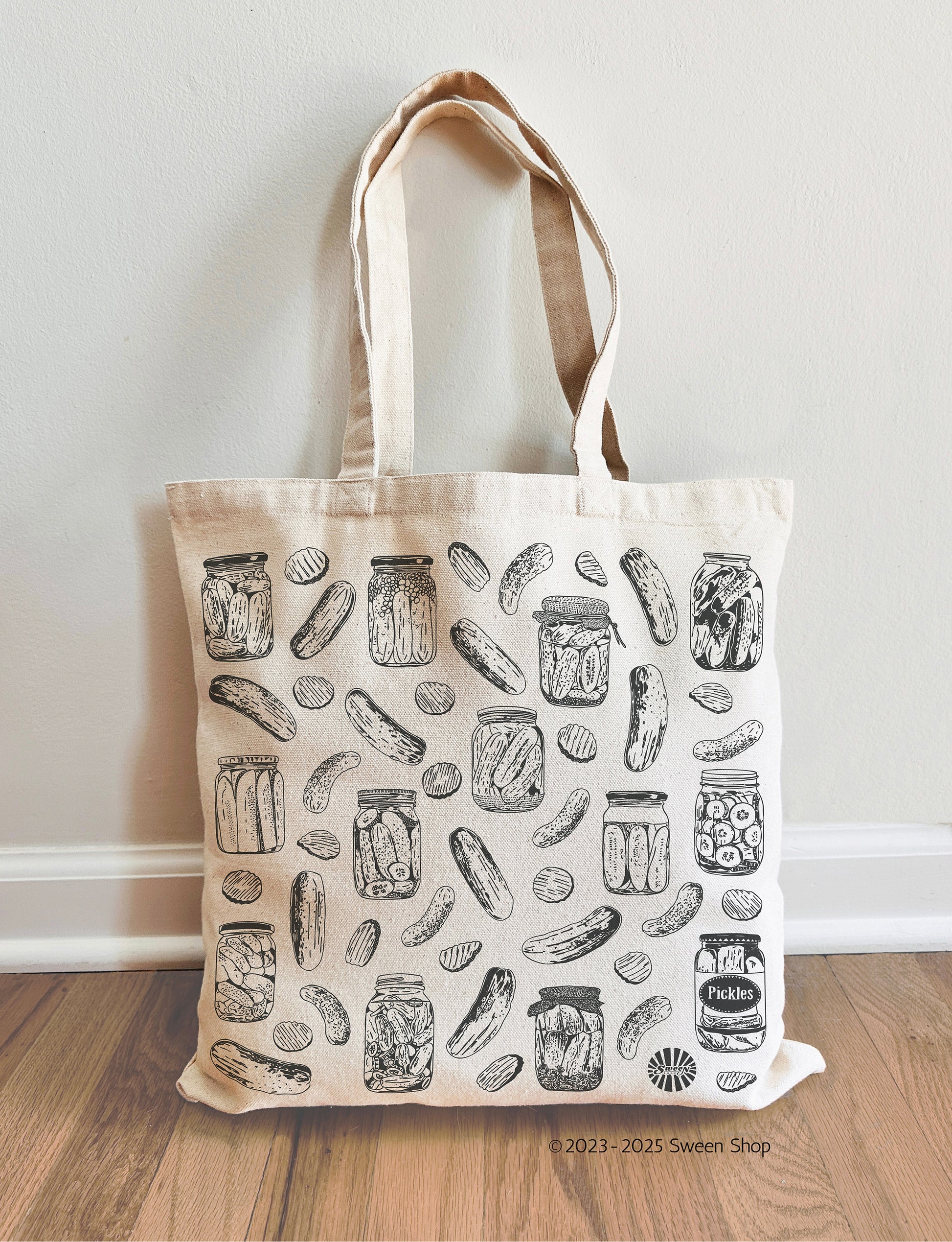 cotton canvas tote bag with pickle jar illustration 