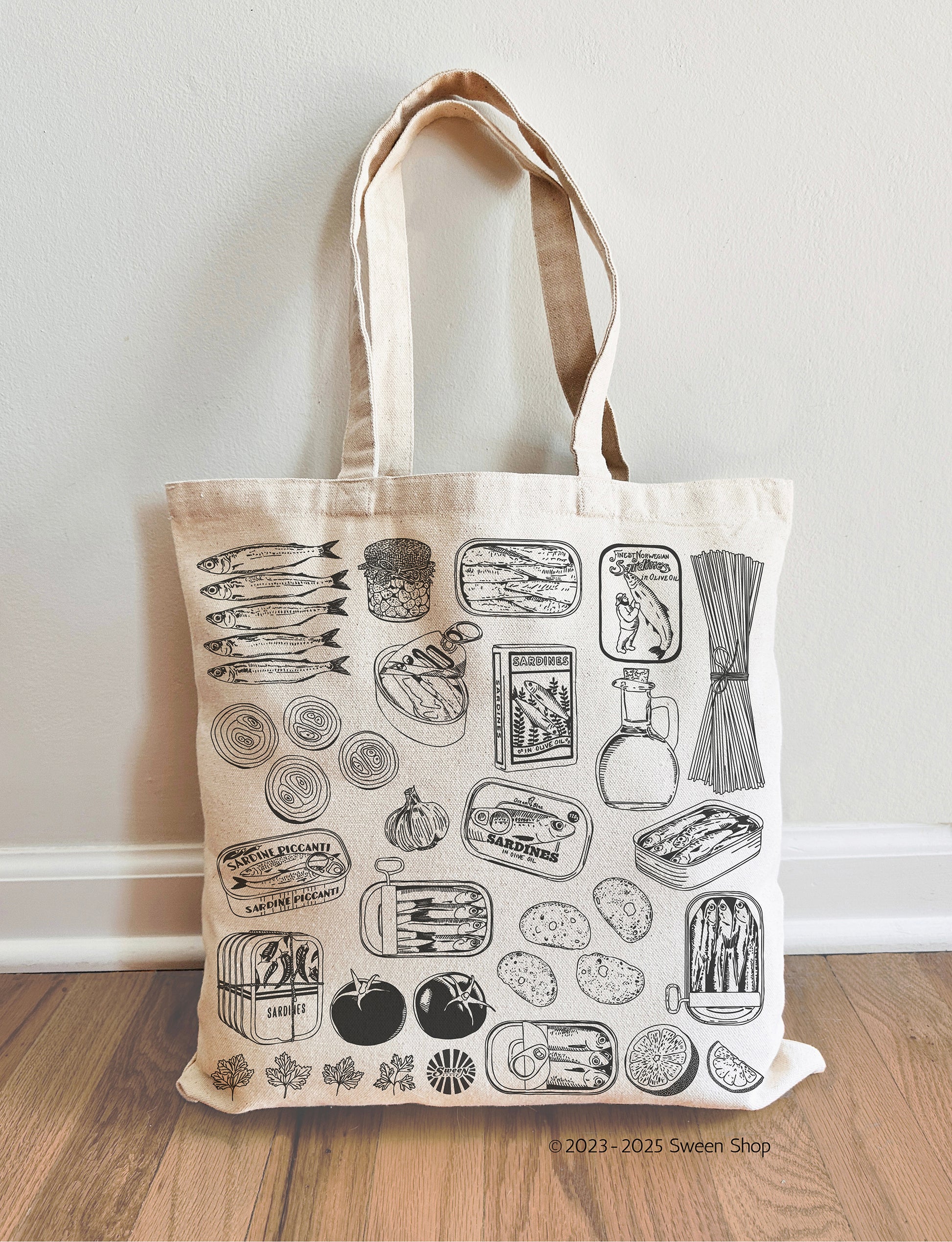 cotton canvas tote with canned fish sardine past tomato cooking theme