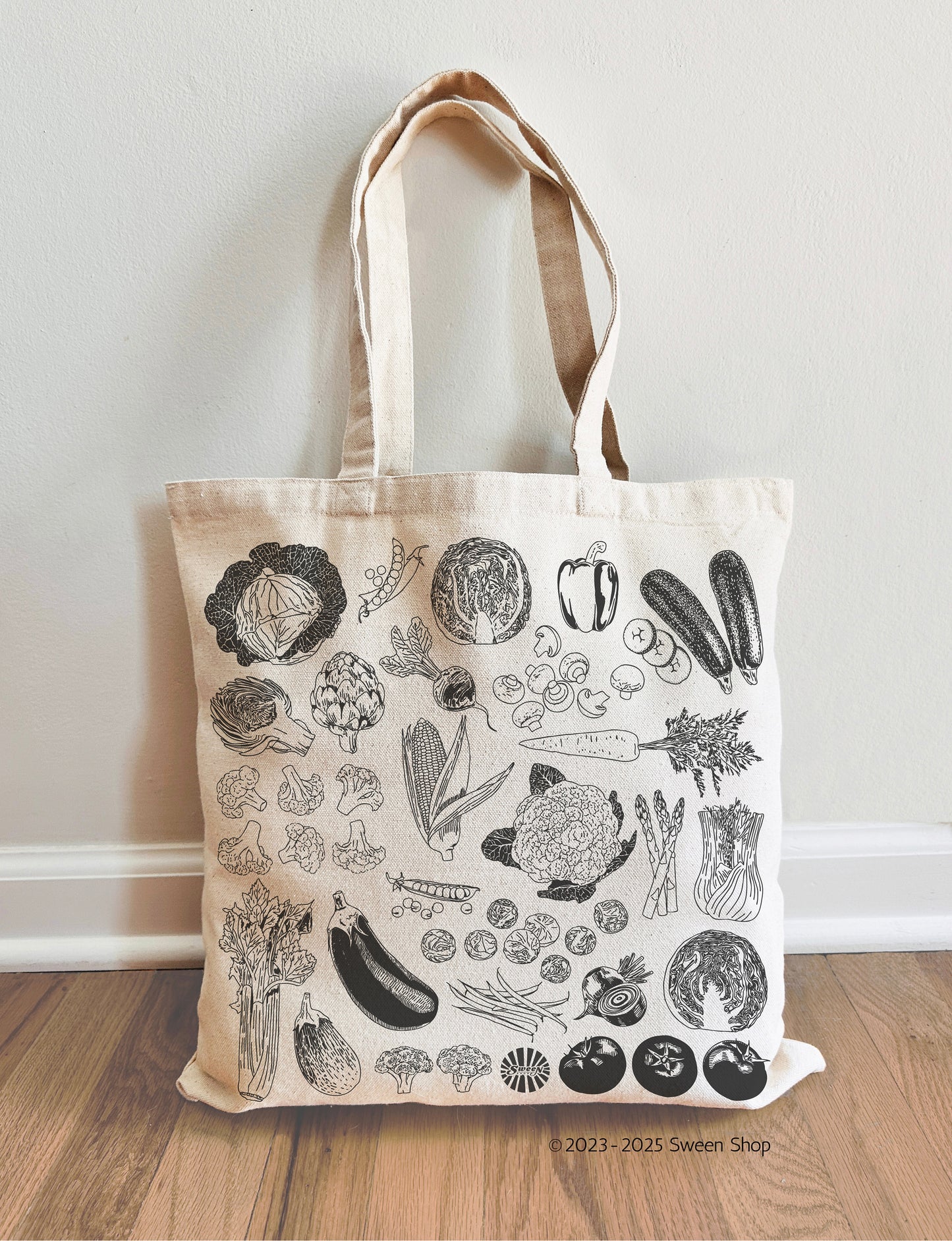 Natural cotton canvas Tote bag with black and white vegetable illustrations on a beige background