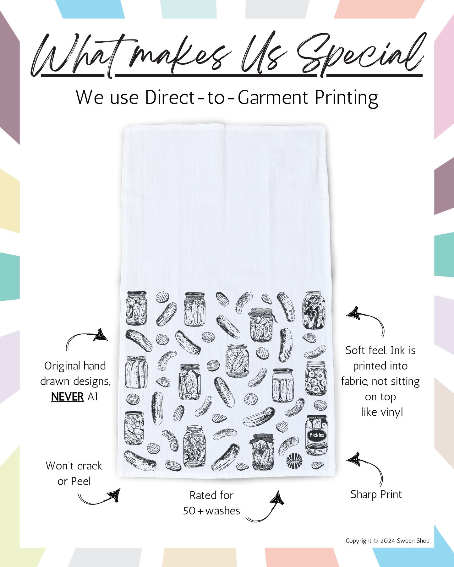 Product description card with text about direct-to-garment printing on fabric, featuring a pattern of pickles and jars 