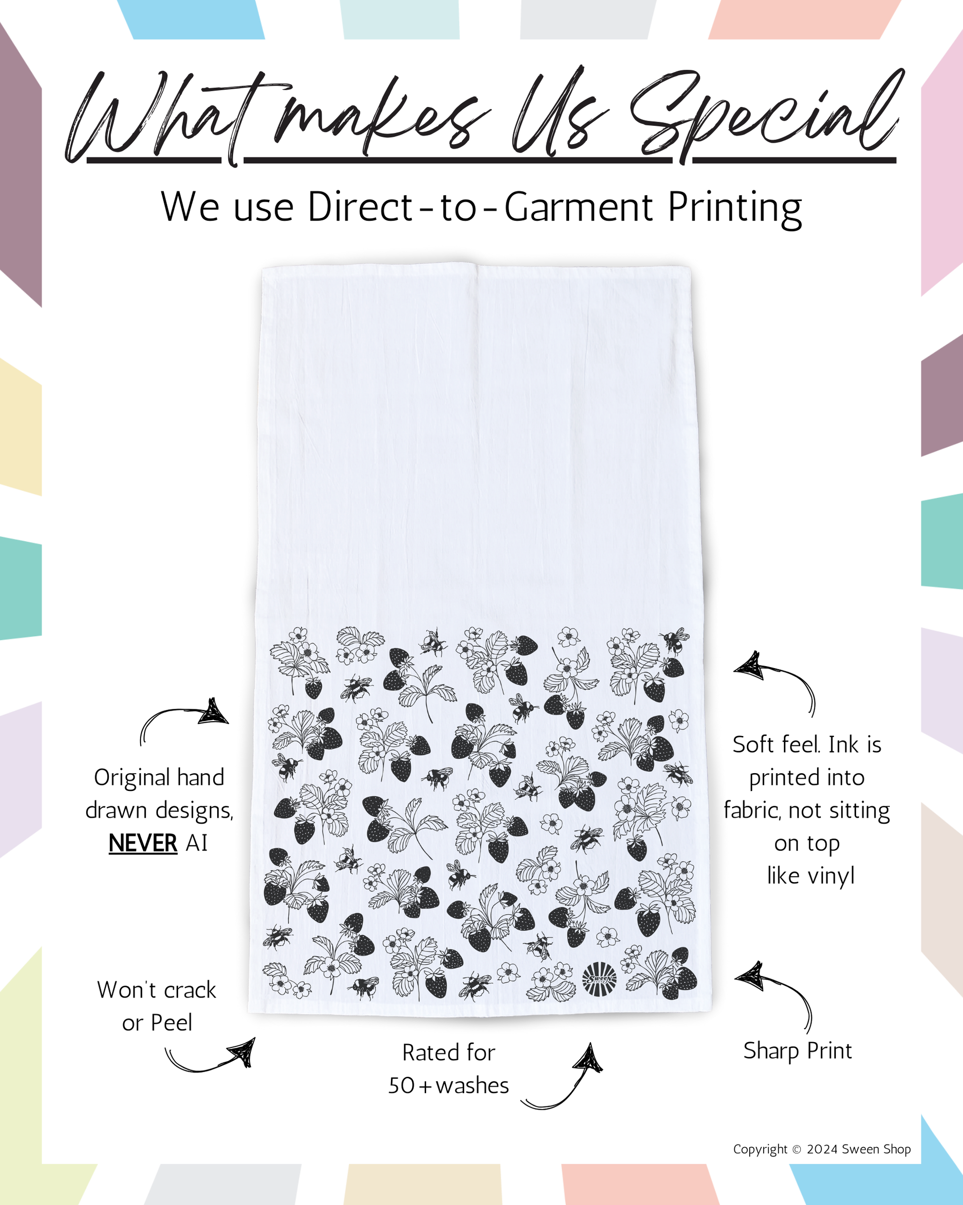 Product packaging with text about direct-to-garment printing and features of the printed fabric.