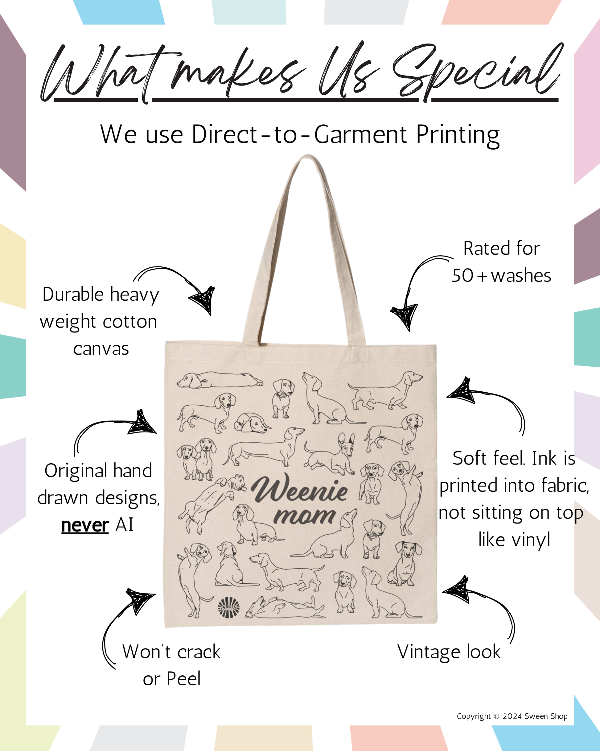Tote bag with Dachshund dog illustrations and text about product features on a colorful background